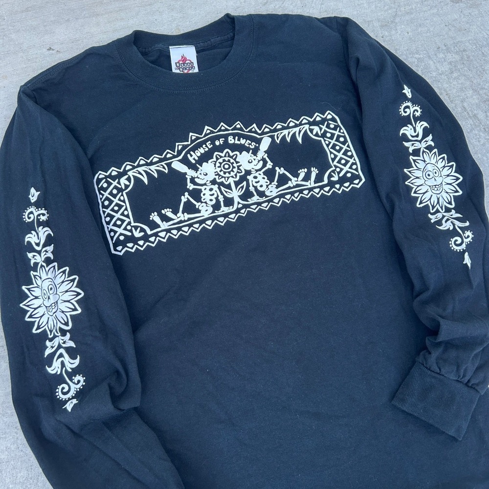 House of Blues Shirt Small Black Y2K Long Sleeve Skulls Sunflowers Grunge Tee